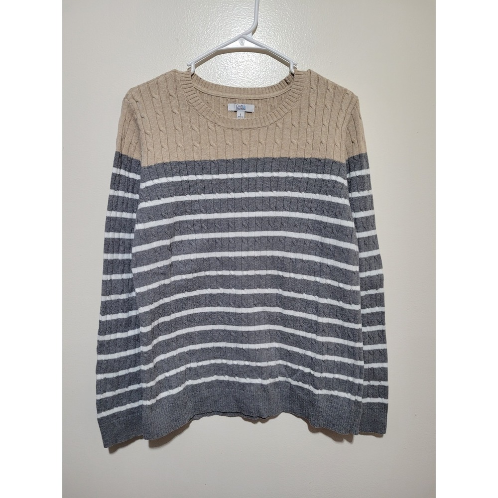 Croft & Barrow Cable Knit Sweater Womens Large Grey Tan Striped Cotton Excellent